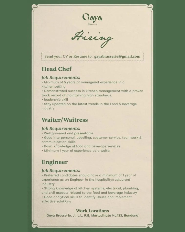 LOWKER: Lowongan kerja Head Chef, Waiter/Waitress, Engineer Gaya Brasserie Loker chef, teknik, waiter, waitress