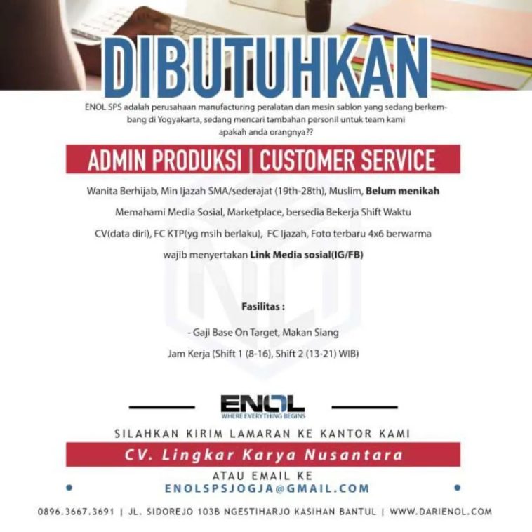 LOWKER: Lowongan admin produksi dan customer service Loker admin produksi, customer service, lulusan sma/smk, swasta