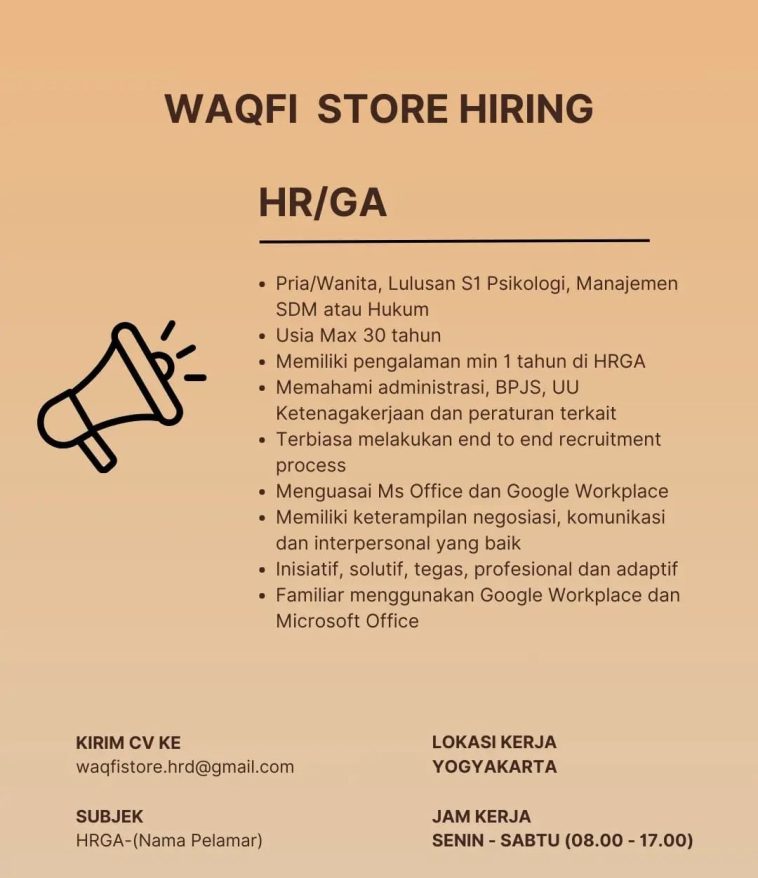 LOWKER: Lowongan kerja Waqfi Store HR/GA Loker hrd, lulusan s1, psikologi, swasta