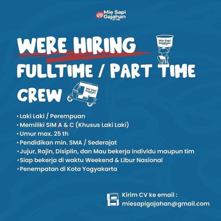 LOWKER: Lowongan Crew Mie Sapi Gajahan Loker crew, lulusan sma/smk, part time, swasta