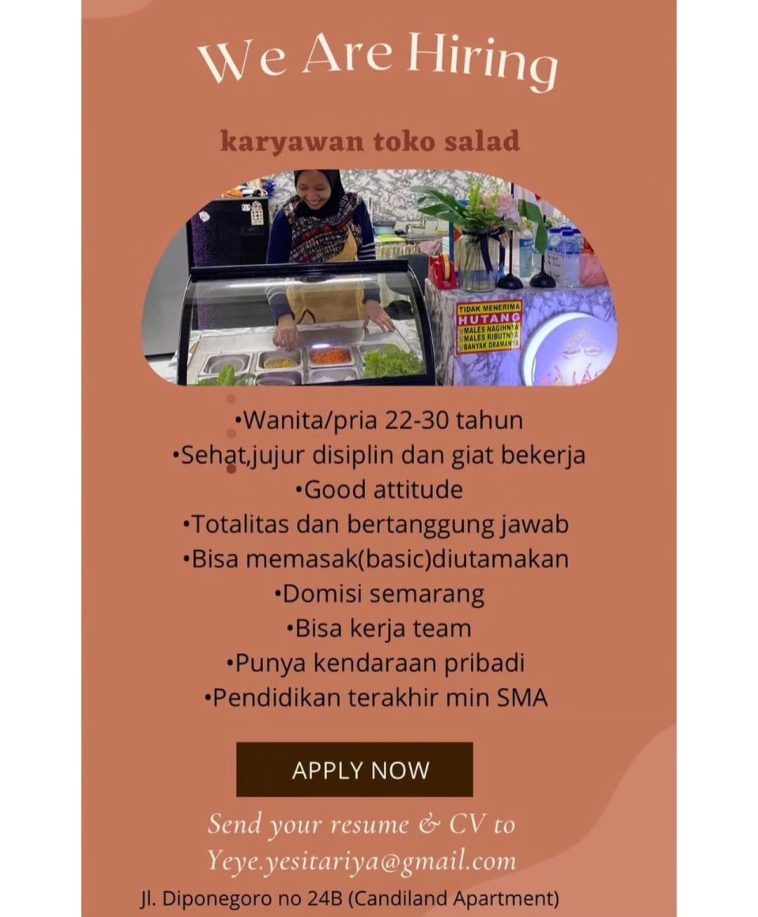 LOWKER: Lowongan kerja karyawan toko salad Loker karyawan toko, lulusan sma/smk, swasta