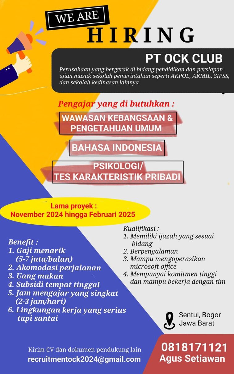 LOWKER: Lowongan pengajar Bahasa Indonesia, TKP dan Pengetahuan Umum PT OCK Club Loker Bahasa, guru, lulusan s1, pendidikan, psikologi, Sains, swasta