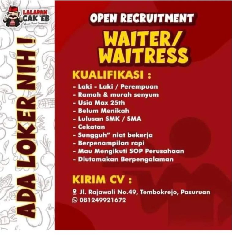 LOWKER: Lowongan Waiter / Waitress di Lalapan Cak EB Loker lulusan sma/smk, swasta, waiter, waitress