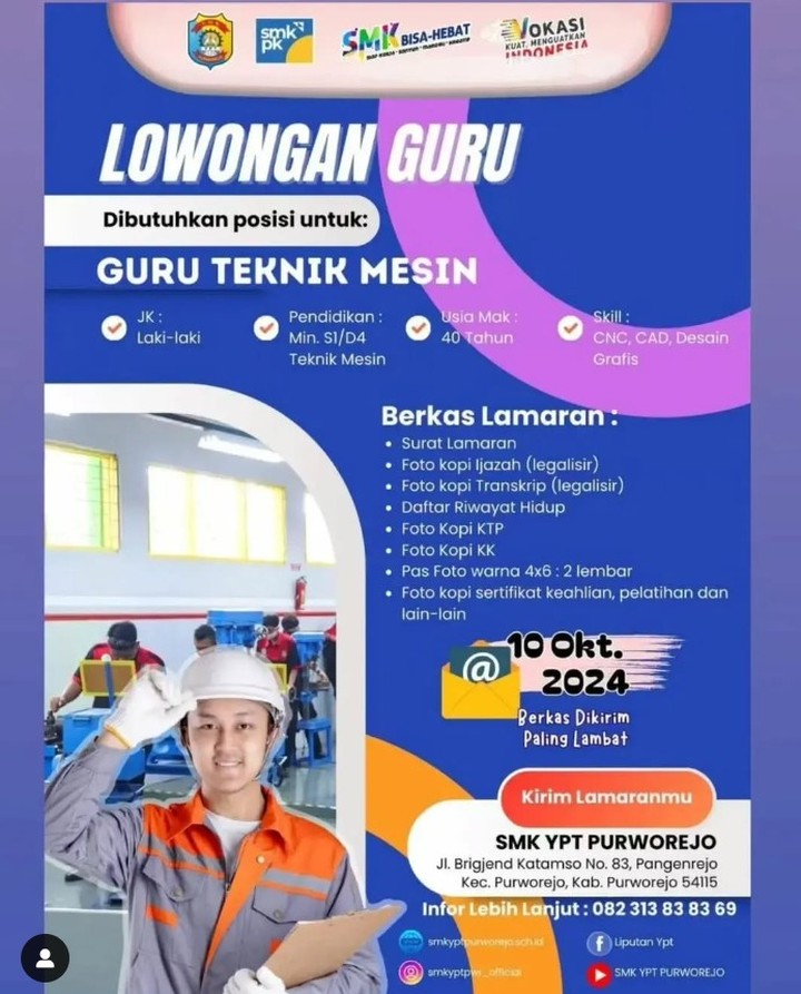 LOWKER: Lowongan Guru Teknik Mesin di SMK YPT PURWOREJO Loker guru, lembaga, lulusan s1, pendidikan, teknik, teknik mesin