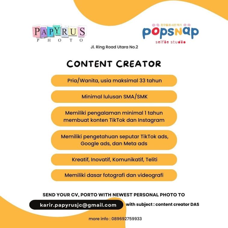 LOWKER: Lowongan kerja Content Creator PAPYRUS Photo Loker content creator, lulusan sma/smk, social media, swasta