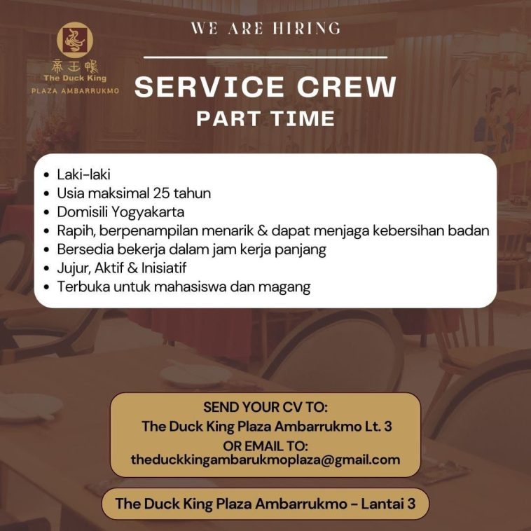 LOWKER: Lowongan kerja part time Service Crew The Duck King Loker fnb, Mahasiswa, part time, swasta