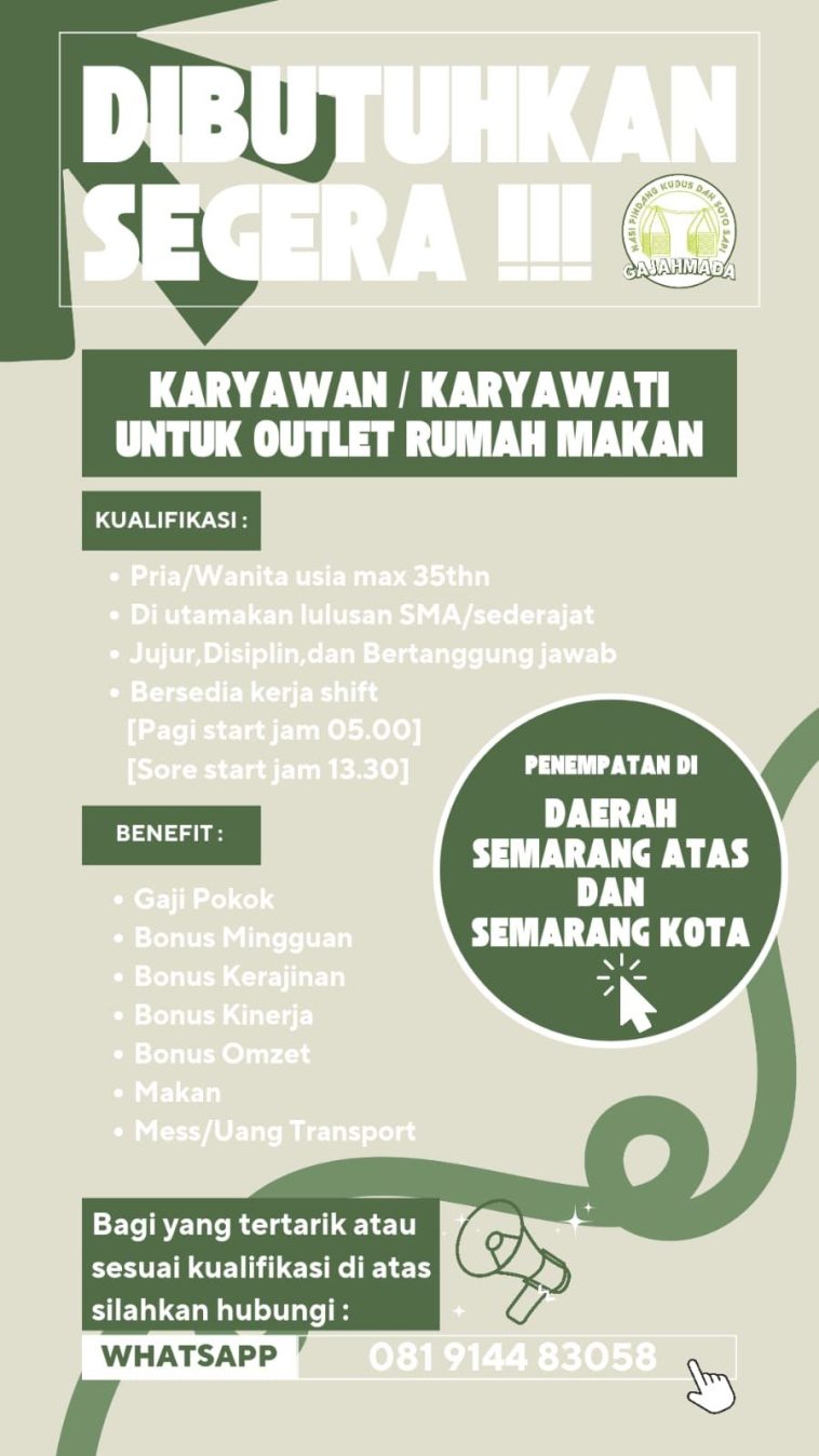 LOWKER: Di butuhkan segera karyawan karyawati outlet rumah makan Loker lulusan sma/smk, outlet, Rumah Makan, swasta