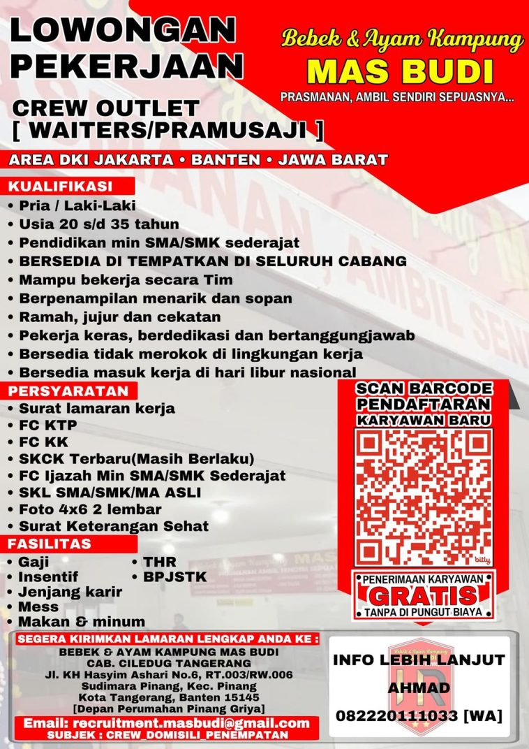 Loker crew, lulusan sma/smk, pramusaji, swasta, waitress