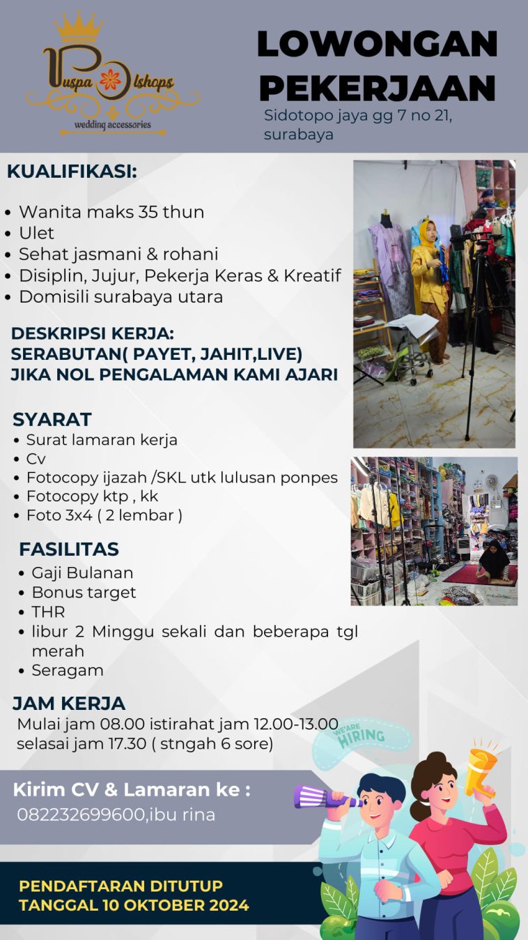 LOWKER: Lowongan kerja penjahit di Puspa Olshops Loker live, lulusan sma/smk, lulusan smp, penjahit, serabutan, swasta