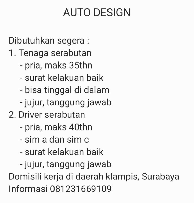 LOWKER: Dibutuhkan driver dan tenaga serabutan Loker driver, lulusan sma/smk, lulusan smp, serabutan, swasta