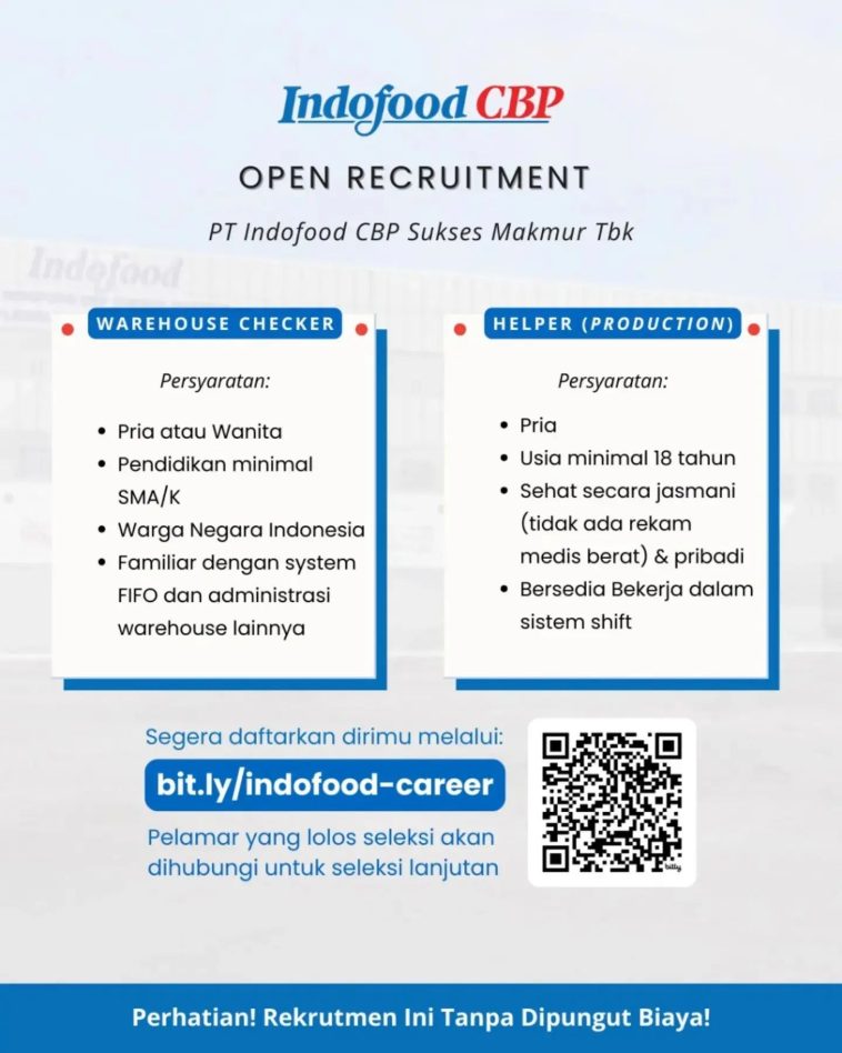 LOWKER: Lowongan Warehouse Checker & Helper PT Indofood CBP Sukses Makmur Loker helper, lulusan sma/smk, swasta, Warehouse