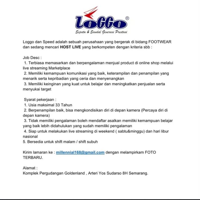 LOWKER: Lowongan kerja Host Live Produk Sepatu & Sandal Loggo Loker host live, swasta