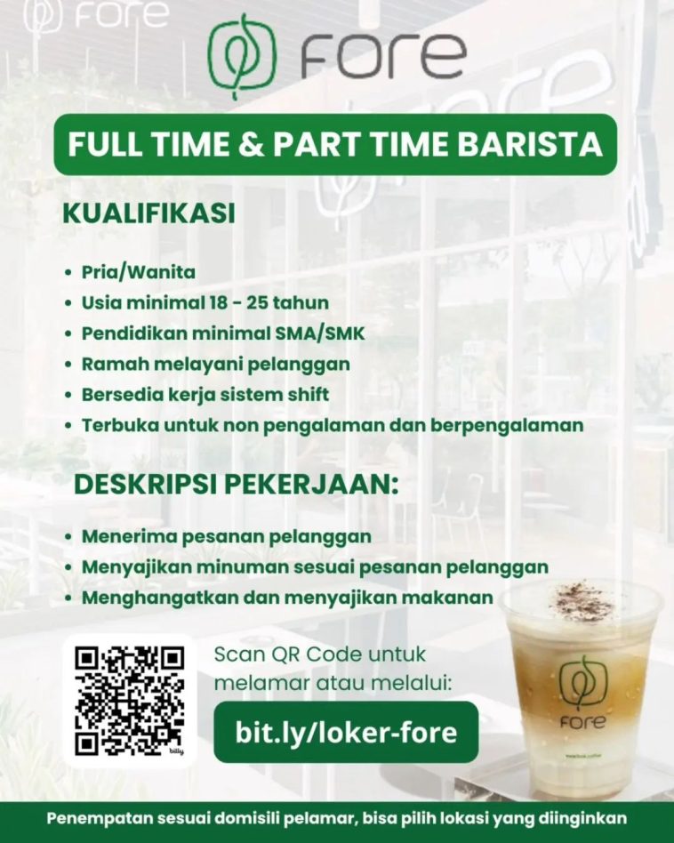 Loker barista, fnb, lulusan sma/smk, swasta