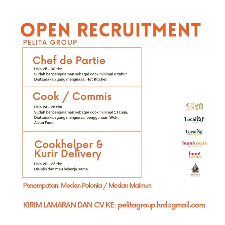 Loker chef, Cook, cook helper, kurir, swasta