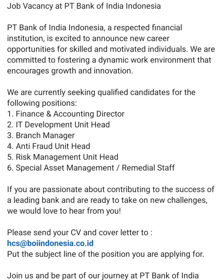 LOWKER: Job Vacancy at PT Bank of India Indonesia Loker Bank, swasta