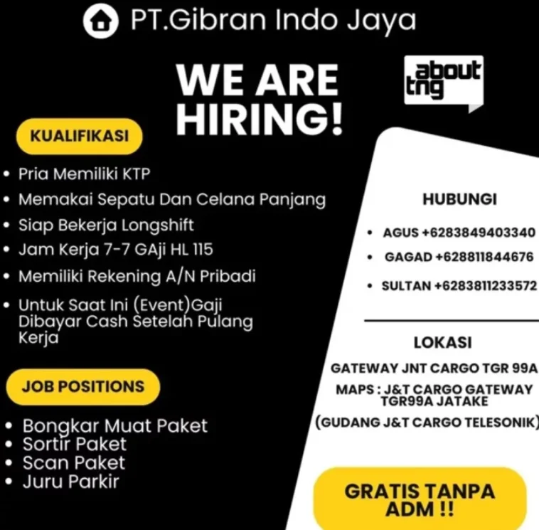 LOWKER: Lowongan kerja PT Gibran Indo Jaya Loker parkir, swasta, Tukang paket