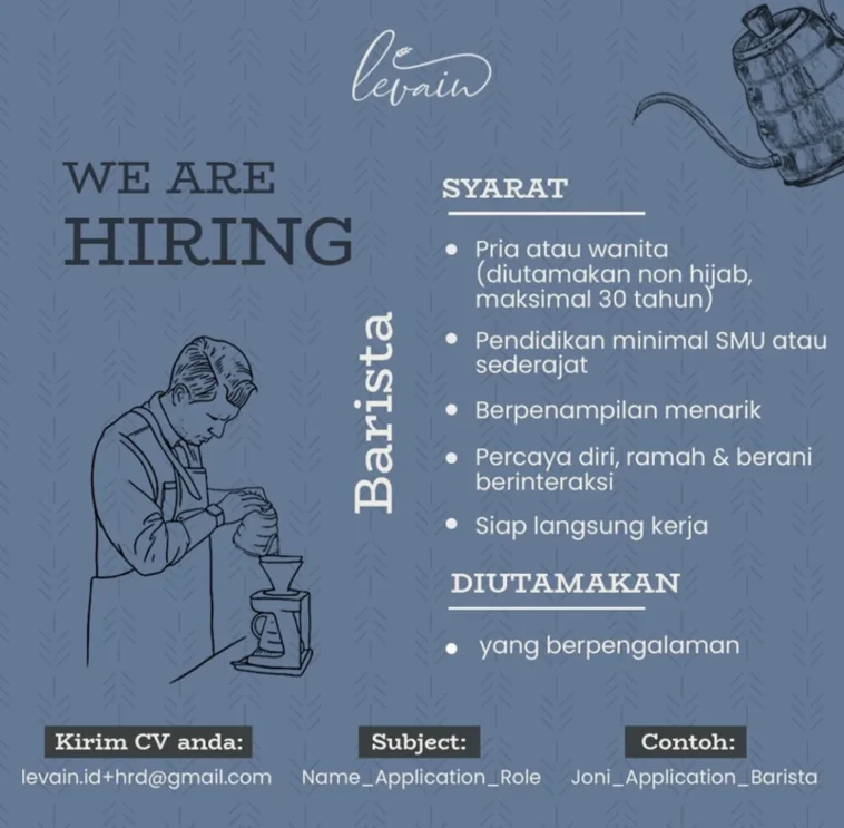 LOWKER: Lowongan kerja barista Levain Cafe Loker barista, lulusan sma/smk, swasta